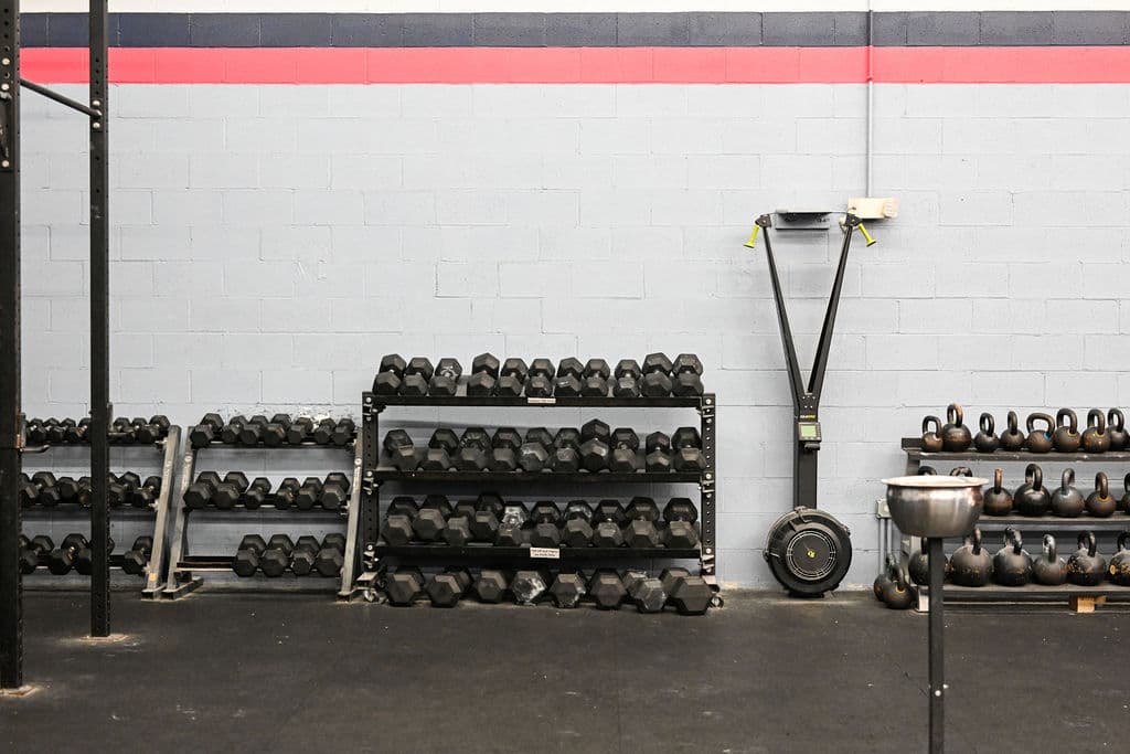 Dumbbell and kettlebell racks at Monument Fitness open gym Charlestown